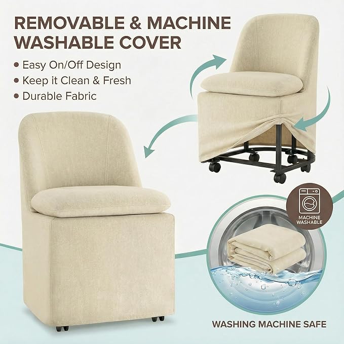 KISLOT Upholstered Dining Chairs Set of 4 with Casters, Modern Side Armless Deskchair with Washable Slipcover & Sturdy Metal Frame for Diningroom Bedroom Livingroom Reading Room, Sand Fabric