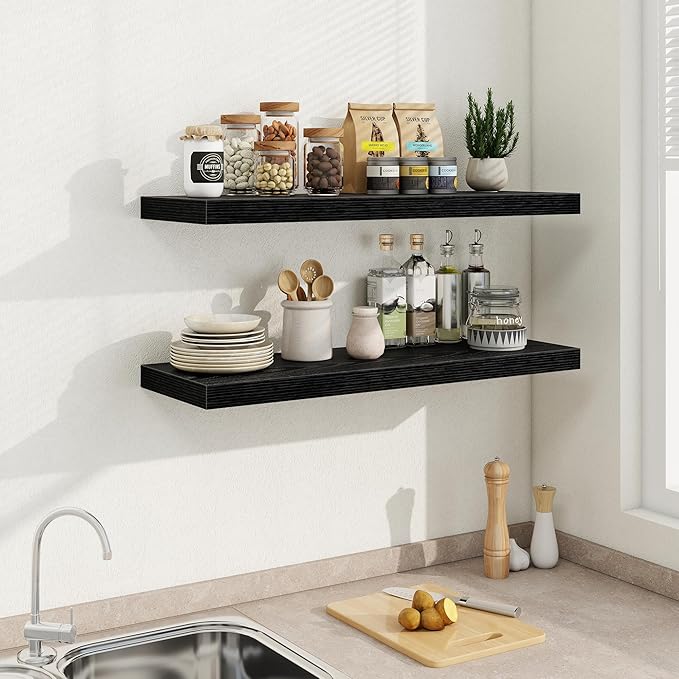 Fun Memories 36 Inch Floating Shelves in Black, 9.3 Inch Deep Floating Shelf for Bathroom Living Room Kitchen, Rusitc Wall Mounted Bathroom Shelves 2 Pack, Heavy-Duty Deep Shelf for Books Decor