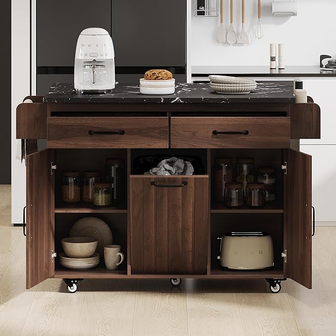 RUNNA Kitchen Island with Trash Can Storage Cabinet, Kitchen Cart with Drop Leaf, Spice Rack, Towel Rack and Drawer, Rolling Kitchen Island on Wheels with Adjustable Shelf (Walnut Brown~81)