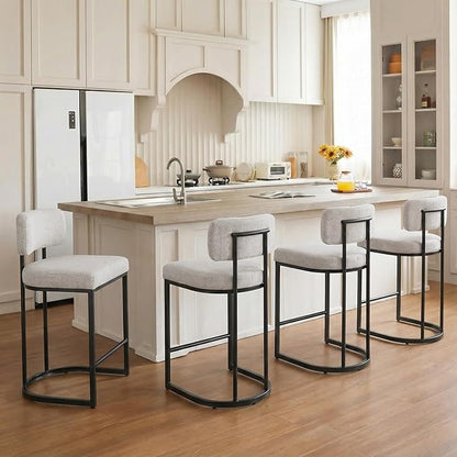 26" H Counter Height Bar Stools Set of 3, Modern Linen Fabric Upholstered Barstools with Backrest for Kitchen Island, Black Metal Frames, Wheat