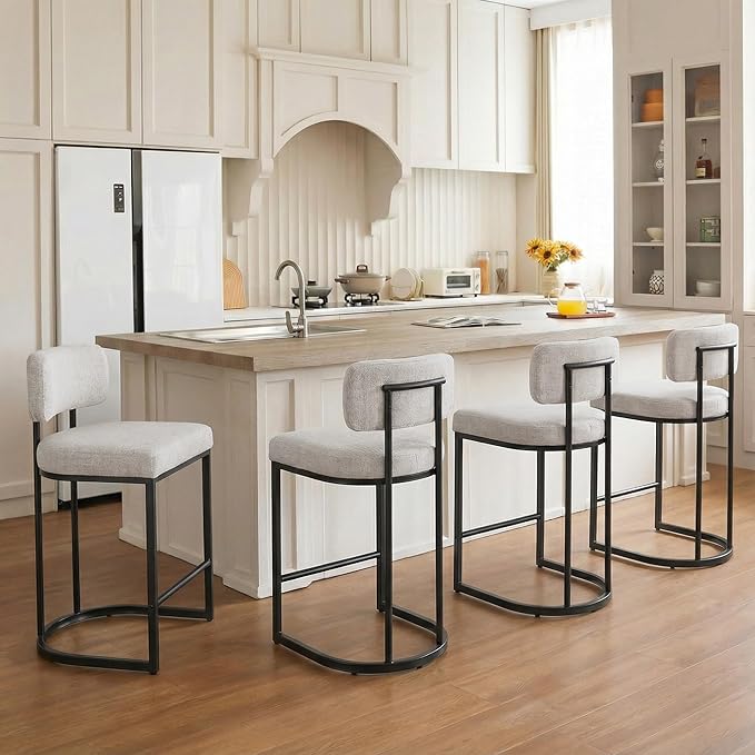 26" H Counter Height Bar Stools Set of 2, Modern Linen Fabric Upholstered Barstools with Backrest for Kitchen Island, Black Metal Frames, Wheat