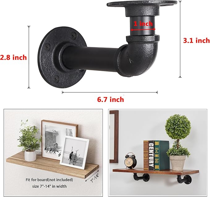 Industrial L Pipe Shelf Brackets for 7-14 In Depth Wood,Heavy-Duty 3/4" Iron,Wall Mount Floating Shelf Bracket L Metal Pipe Shelving Brackets for Wood-Black DIY Pipe Shelves(6.7*3.1 Inch 10 Pack)