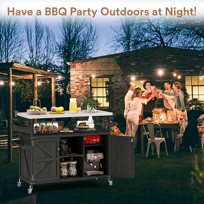 Zevemomo Outdoor Grill Cart, Stainless Steel Tabletop Outdoor Kitchen Island, Solid Wood Outdoor Buffet Cabinet with Lockable Wheels for Grilling, Black
