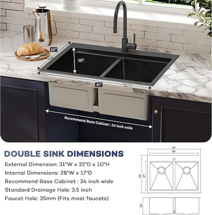 MILOSEN 31 Inch Black Double Bowl Kitchen Sink, 31''x22'' Drop in 16 Gauge T304 Black Stainless Steel Sinks, Workstation Sink 50/50 Topmount Double Basin with Accessories, 10'' Large and Deep Sinks