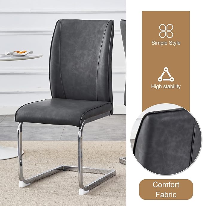 Small Round Dining Table Set with 4 Chairs, 31.9x31.9 Inch White MDF Top and Hourglass-Shaped Legs, Dark Gray PU Seats with Arched Metal Silver Legs for Kitchen and Dining Room
