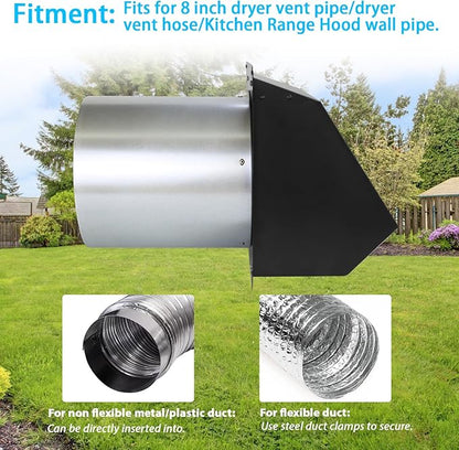 8 Inch Hooded Wall Vent with Screen and Damper,Exterior Wall Exhaust Vent Cover Cap, Wall Mount Exhaust Vent for Kitchen Range Hood HVAC Duct Dryer Ventilation and Outdoor Air Exhaust,Galvanized Steel