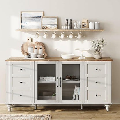 WAMPAT Sideboard Buffet Cabinets with Glass Door, Kitchen Storage Cabinets, Wood Coffee Bar Tables, Accent Sideboard Storage Cabinet Table Dining Room, Living Room, Off White