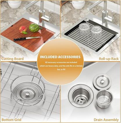 Mocoloo 15 Inch Bar Sink with Faucet, 16 Gauge Drop in Workstation Sink - 15x15x9" Stainless Steel Single Bowl Small Rv Kitchen Sink with Pull-Out Faucet
