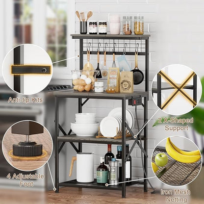 Furologee Kitchen Bakers Rack with Power Outlet, Coffee Bar Station with Storage 4 Tiers, Microwave Oven Stand with 6 S Hooks, Kitchen Storage Shelves Rack for Spices, Pots, Black Oak