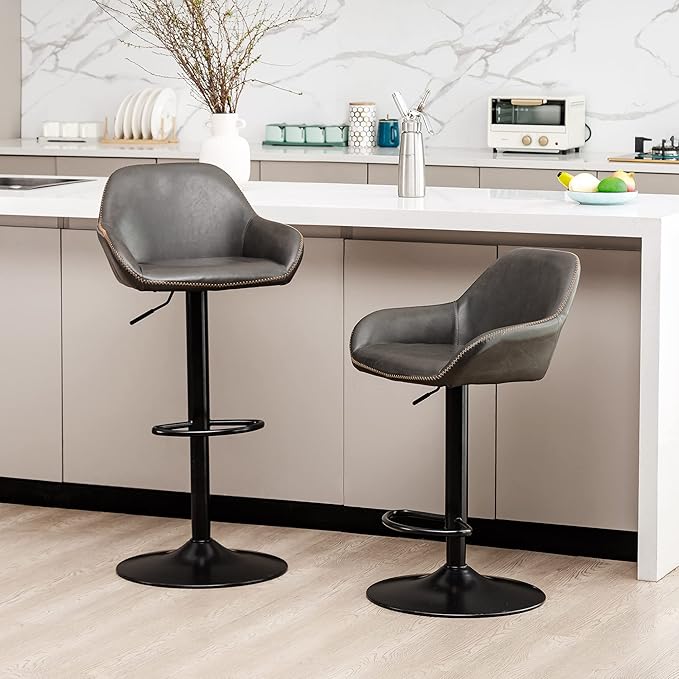 Glitzhome Bar Table and Chairs Set, Round Black Steel Pub Table with Soild Elm Wood Top and Bar Height Adjustable Swivel PU Leather Bar Stool for Breakfast Nook Living Room Small Space Restaurant