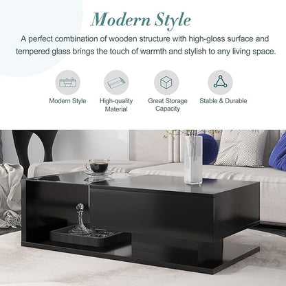 Modern Coffee Table with Tempered Glass, Wooden Cocktail Table with High-Gloss UV Surface, Modernist 2-Tier Rectangle Center Table for Living Room, Black