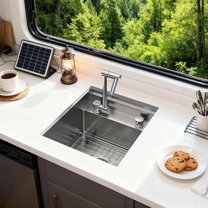 RV Kitchen Sink 13x15 Inch with Foldable Faucet, Nano Silver 16 Gauge Stainless Steel Undermount Workstation Sink with Cutting Board Cover, Bottom Grid & Drain Kit