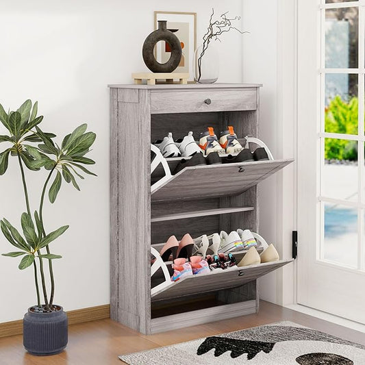 FTZxHKLX Shoe Storage Cabinet with 2 Flip Drawers, Narrow Freestanding Hidden Shoe Rack Cabinet, Pet-Proof Shoe Organizer for Closet, Entryway, Hallway, Wash Grey