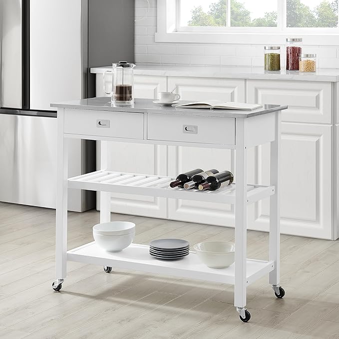 Crosley Furniture Chloe Stainless Steel Top Rolling Kitchen Island Storage Cart, Microwave Stand, Wine Rack, White