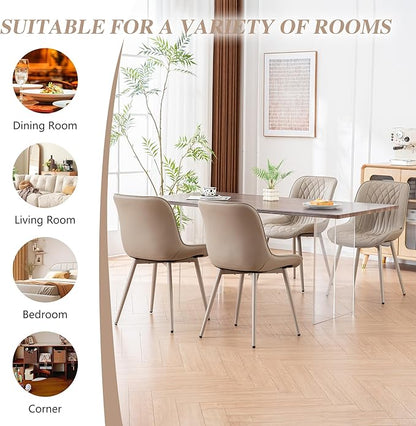 YOUNIKE Faux Leather Dining Chairs Set of 2 Mid-Century Modern High Padded Back Comfy Upholstered Kitchen Chairs with Metal Legs Wide Seat Accent Side Chair for Dining/Living/Waiting Room Khaki