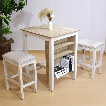 3-Piece Wooden Dining Table Set, Kitchen Island with Seating for 2, Kitchen Bar Table with Stools, Counter Height Dining Table Set, Weathered Birch & Antique White, Farmhouse Style