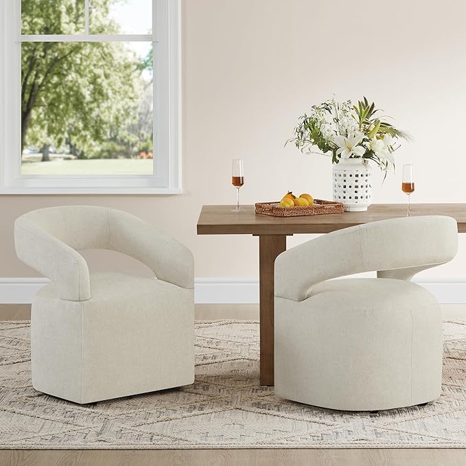 KISLOT Upholstered Dining Chairs with Casters, Modern Barrel Side Armchair with Rollers for Dining Room, Bedroom, Kitchen, Reading Room, Cream Beige, Set of 2