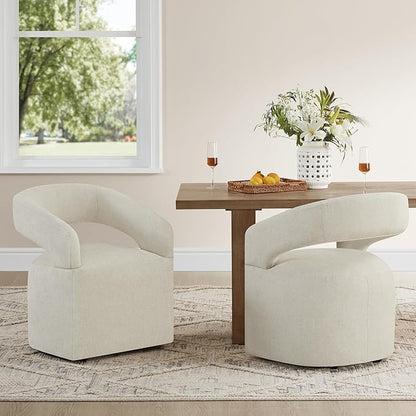 KISLOT Upholstered Dining Chairs with Casters, Modern Barrel Side Armchair with Rollers for Dining Room, Bedroom, Kitchen, Reading Room, Cream Beige, Set of 2