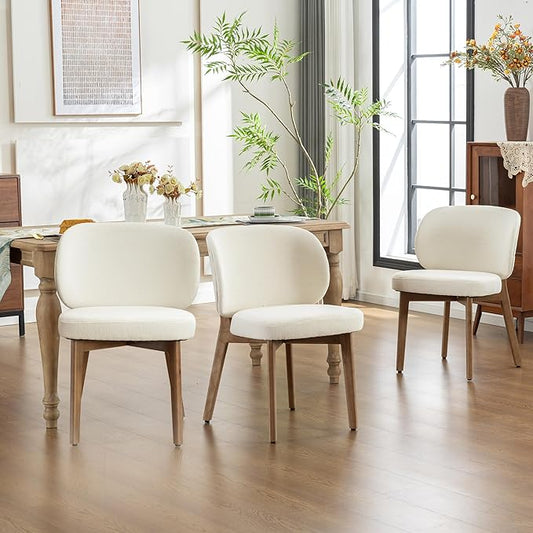 YOUNIKE Dining Chair with High Back Set of 3 Mid Century Modern Kitchen Chair Boucle Fabric Upholstered Armless Chair 20" Wide Padded Seat with Wooden Leg for Kitchen Dining Living Room Bedroom Beige