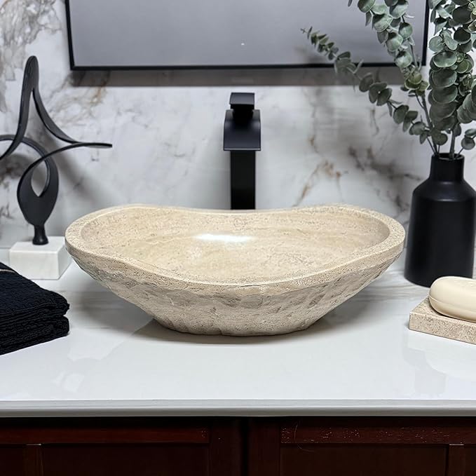 Shades of Nature Oval Travertine Vessel Sink – Natural Stone Wash Basin, Hand-Carved Bathroom Sink with Chiseled Exterior & Polished Interior, Above Counter Vanity Basin (Includes Matching Soap Tray)