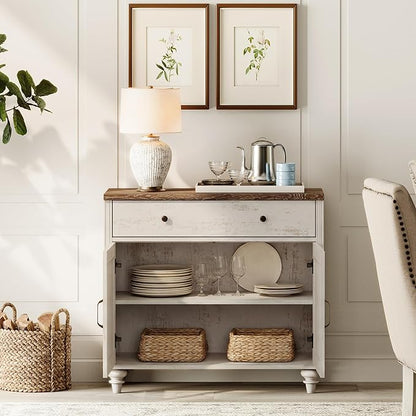 WAMPAT Buffet Cabinet with Doors & Drawer, Large Coffee Bar Table Wood Kitchen Storage Cabinets with Storage Cabinets, Modern Farmhouse Sideboard Credenza for Dining Room, Rsutic White, 34 inch