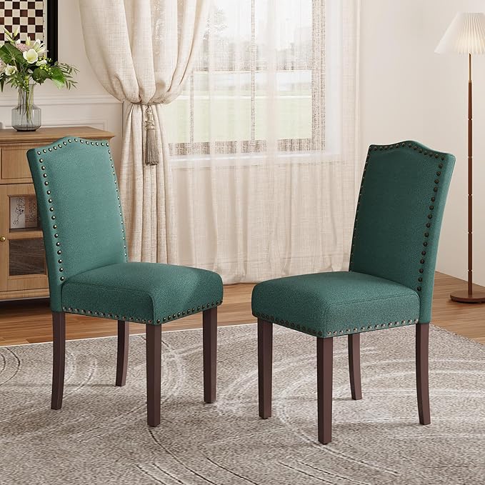 MALOL Dining Chairs Set of 2, Soft Comfortable Upholstered Parsons Chairs with High-Density Cushion & Solid Wood Legs, Nailhead Trim, Modern Accent Chairs for Dining Room, Kitchen, Living Room – Green