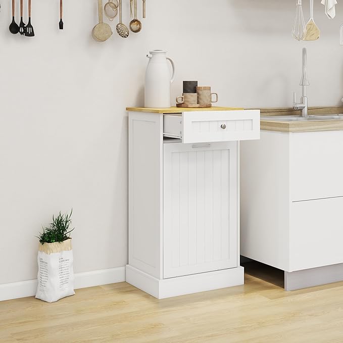 Ball & Cast Tilt-Out Trash Cabinet with One Drawer, Multifunctional White Hidden Garbage Can, Wooden Trash Can for Kitchen, Bathroom and Living Room, White