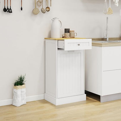 Ball & Cast Tilt-Out Trash Cabinet with One Drawer, Multifunctional White Hidden Garbage Can, Wooden Trash Can for Kitchen, Bathroom and Living Room, White