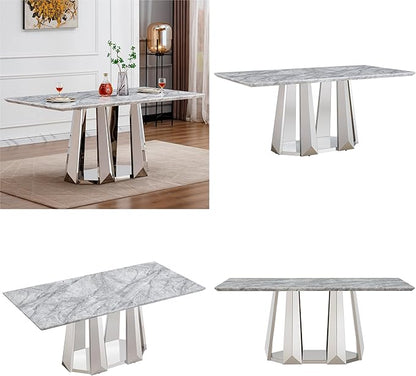 70" Marble Dining Table for 6-8, Modern Luxury Silver Rectangular Large Kitchen Table, Marble Grain MDF Tabletop & Stainless Steel Base, Dinner Furniture for Kitchen Dining Room, Meeting Room, Grey
