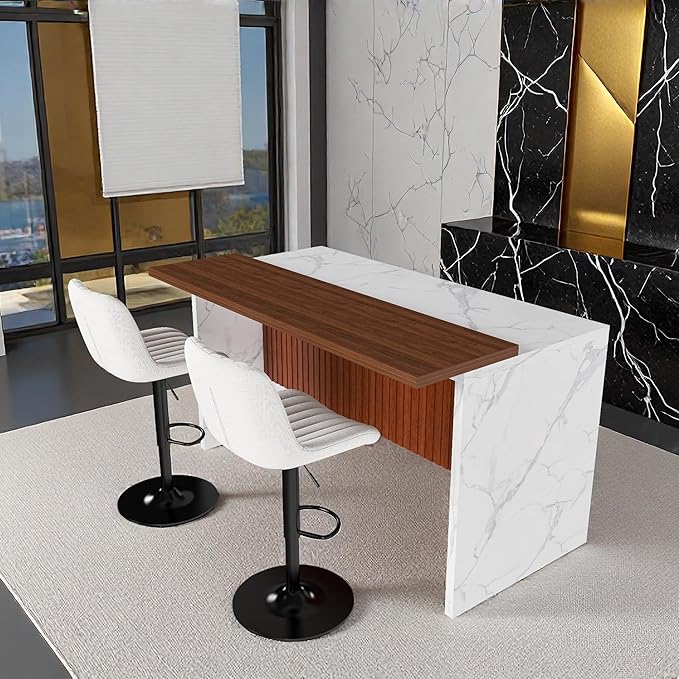63" Modern Kitchen Island with Marble-Look Surface with 2/4 Bar Stools, Island Table with LED Lights, for Kitchen,Dining Room, Bar, Office, Living Room (White+2Beige)
