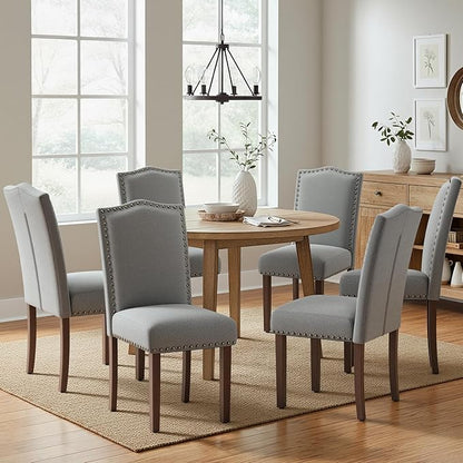 COLAMY Grey Upholstered Parsons Dining Chairs Set of 2,Comfortable Foam Seat, Classic Nailhead Trim, Solid Wood Legs, Stable & Easy to Assemble for Dining Room, Kitchen, Living Room & Café