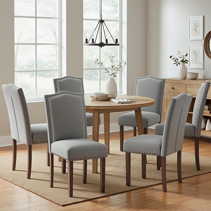 COLAMY Grey Upholstered Parsons Dining Chairs Set of 4,Comfortable Foam Seat, Classic Nailhead Trim, Solid Wood Legs, Stable & Easy to Assemble for Dining Room, Kitchen, Living Room & Café