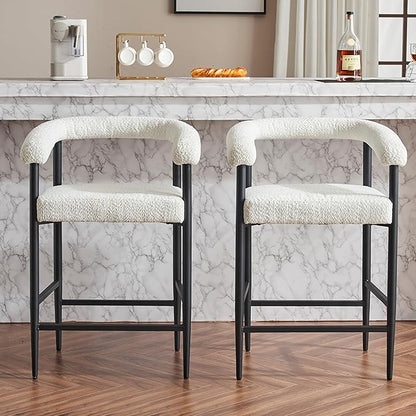 Upholstered Bar Stools Set of 2, Fabric Counter Height Chairs with Metal Frame Armrests, Kitchen Island Bar Chairs for Home, Dining Room, Cafe,White