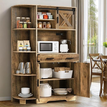 YITAHOME 67" Farmhouse Kitchen Pantry with Power Outlet, Sliding Barn Door Storage Cabinet w Charging Station, Freestanding Hutch with Shelves & Drawer, Microwave Stand Cupboard for Dining Room, Oak