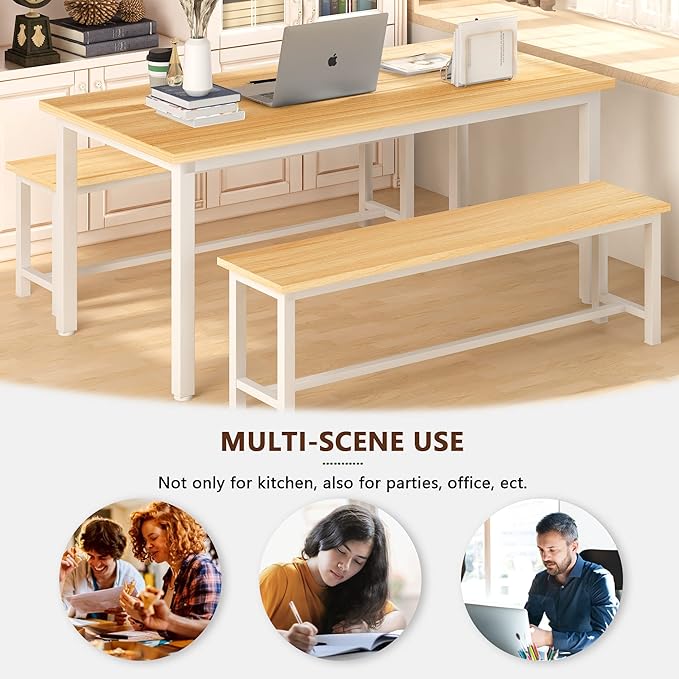DKLGG Dining Table Set for 4, 47.2'' Kitchen Table with 2 Benches, 3 Piece Farmhouse Dining Room Table Set, Space-Saving Dinette for Kitchen, Dining Room, Apartment, Metal Frame & MDF Board