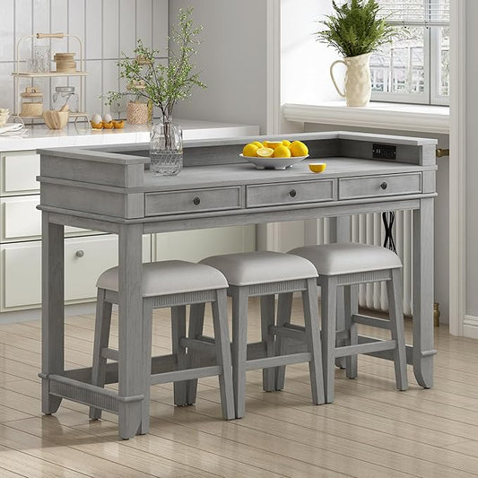 4-piece Dining Bar Table Set with 3 Upholstered Stools, Rubber Wood Counter Height Multifunctional Dining Table with 3 Drawers and USB Port, Side Table with Footrest Pub Kitchen Set (Grey-N2)