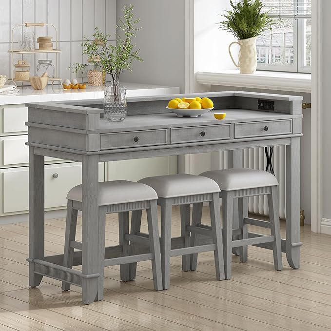 4-Piece Dining Bar Table Set with 3 Upholstered Stools, Multifunctional Dining Table with 3 Drawers,USB Port and a Power Strip, Perfect for Small Spaces (Gray//USB)