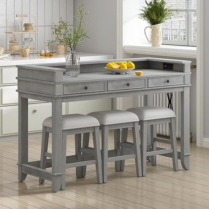 4-Piece Dining Bar Table Set with 3 Upholstered Stools, Multifunctional Dining Table with 3 Drawers,USB Port and a Power Strip, Perfect for Small Spaces (Gray//USB)