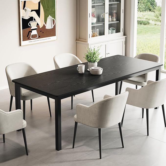 GarveeHome 78.7 in Industrial Dining Table for 6, Wooden Long Dinner Table with Mortise Tenon Design, Kitchen Table with Sturdy Metal Legs, for Dining Room Home Office Living Room, Black