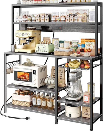 SUPERJARE Bakers Rack with Power Outlet, 47.2 Inches Coffee Bar with 3 Level-Adjustable Open Shelves, Wire Basket, Kitchen Microwave Stand with 6 S-Shaped Hooks, Grey