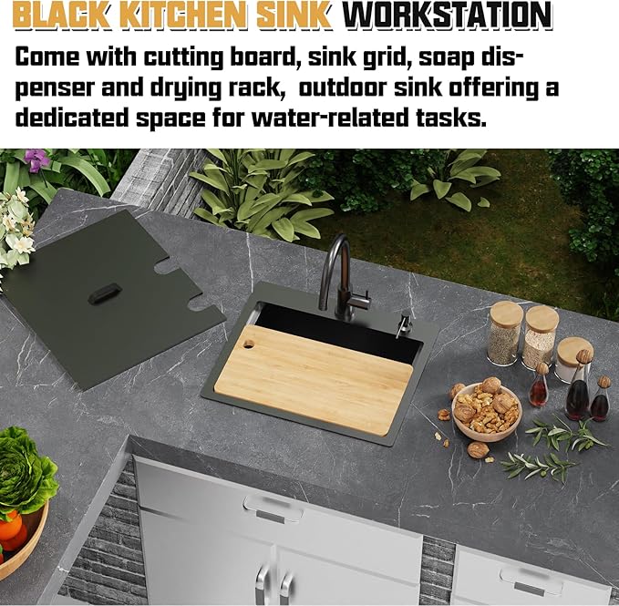 Black Stainless Steel Drop In Single Bowl Sink, 21"x18" With Dust Lid, Built-in Ledge Topmount Workstation Sink for Outdoor & Indoor Kitchens