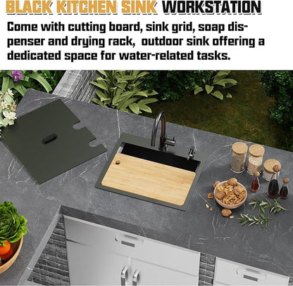 Black Stainless Steel Drop In Single Bowl Sink, 21"x18" With Dust Lid, Built-in Ledge Topmount Workstation Sink for Outdoor & Indoor Kitchens