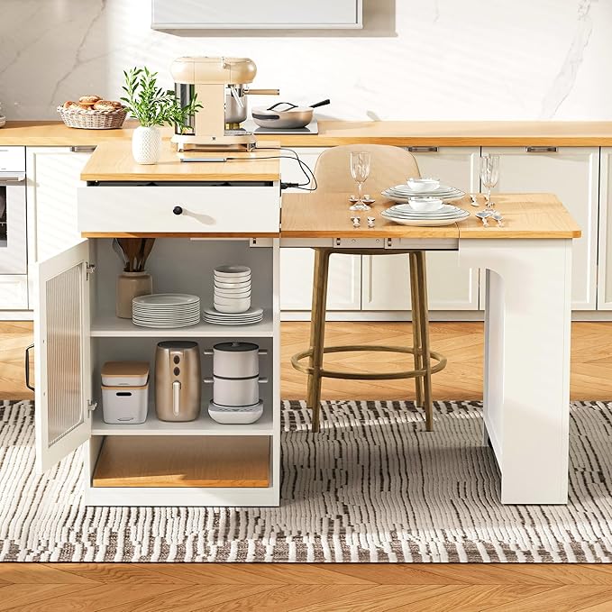 59.5" Kitchen Island with Extendable Dining Table,Double-Sized Storage,2 Drawers, Power Outlet, Side Open Shelves,for Kitchen Dining Room (White#2)