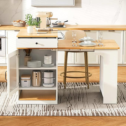 59.5" Kitchen Island with Extendable Dining Table,Double-Sized Storage,2 Drawers, Power Outlet, Side Open Shelves,for Kitchen Dining Room (White#2)