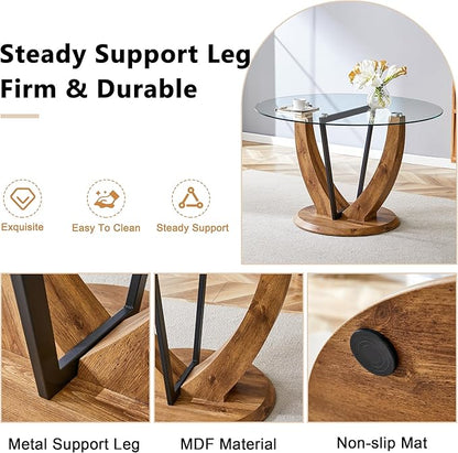 JUFU Round Dining Table for 4/6, 48 Inch Dining Room Table, Wood Small Kitchen Table with Stable Pedestal, Modern Glass Dining Table for Kitchen,Living Room,Apartment,Restaurant