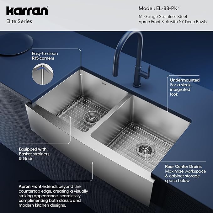 Karran Elite EL-88 Apron-Front Stainless Steel 36 in. 16-Gauge Double Bowl Farmhouse Kitchen Sink Kit