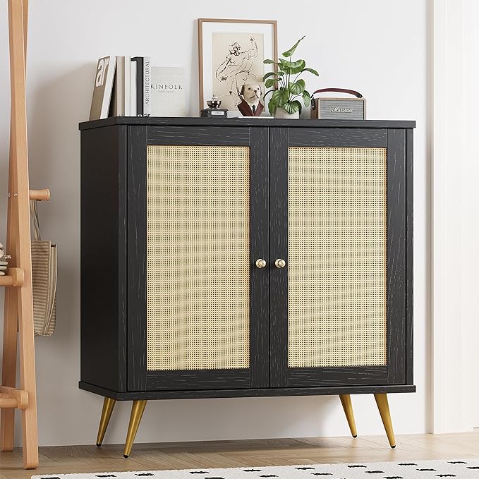 Shintenchi Rattan Buffet Cabinet with Storage, Sideboard Buffet Cabinet with Rattan Decor Doors, Modern Wood Cupboard for Kitchen Living Room Dining Room Hallway Entry,Black