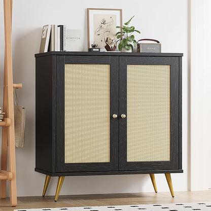 Shintenchi Rattan Buffet Cabinet with Storage, Sideboard Buffet Cabinet with Rattan Decor Doors, Modern Wood Cupboard for Kitchen Living Room Dining Room Hallway Entry,Black