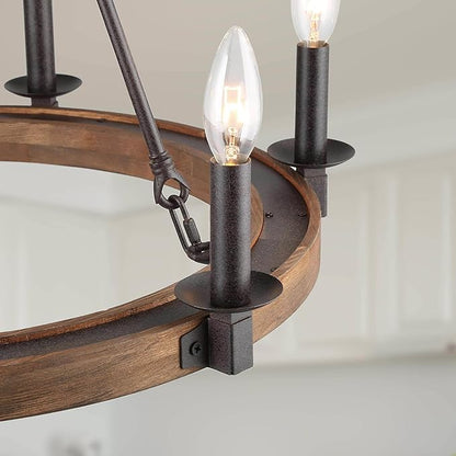 LALUZ Farmhouse Chandelier, Wood Wagon Wheel 6-Light Chandelier Light Fixture for Dining Room, Living Room, Bedroom, and Foyer