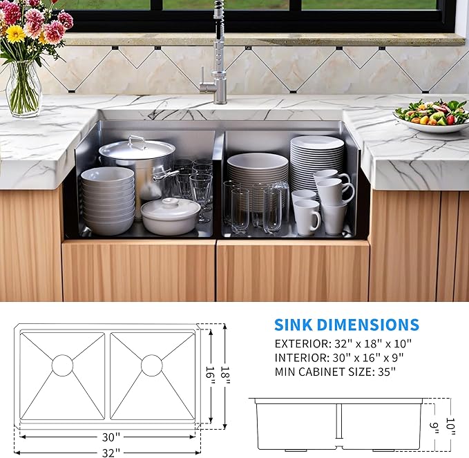 32 Inch Sink Undermount Double Bowl, 16 Gauge 50/50 Double Bowl Stainless Steel Workstation Sink, 32"x18"x10" Large and Deep Kitchen Sink With Accessories